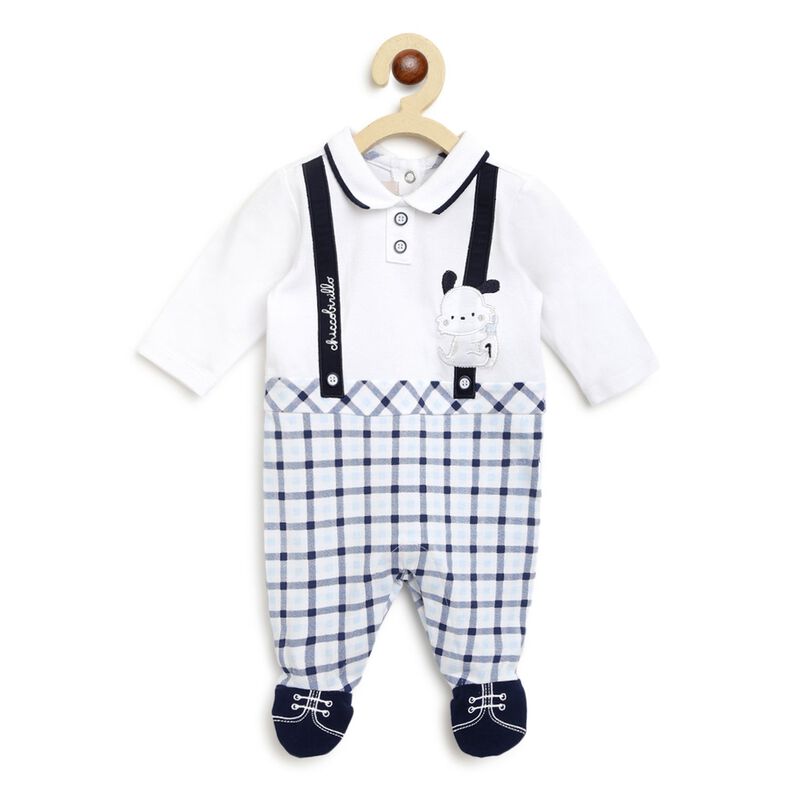 Boys White & Light Blue Leg Opening Baby Suit image number null